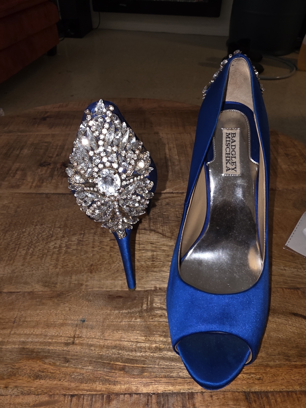 Badgley Mischka Royal Blue Crystal Embellished Peep-Toe Pump